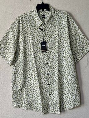BOSS Short-Sleeve Button-Down Shirt in White and Olive Green Floral